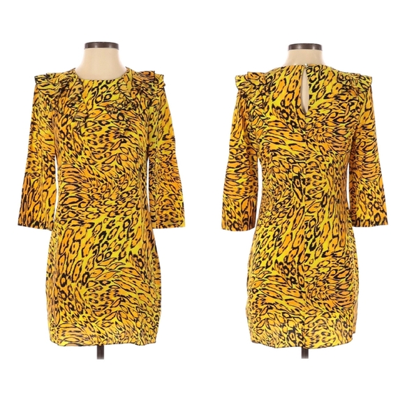 Juicy Couture Silk Yellow Leopard Ruffle Collar Bracelet Sleeve Mini Dress 00 - Picture 1 of 12